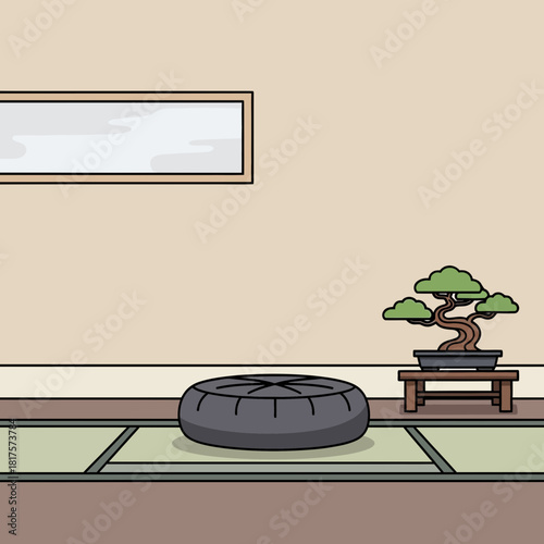 Peaceful Japanese Zen Room Interior with Bonsai and Meditation Cushion