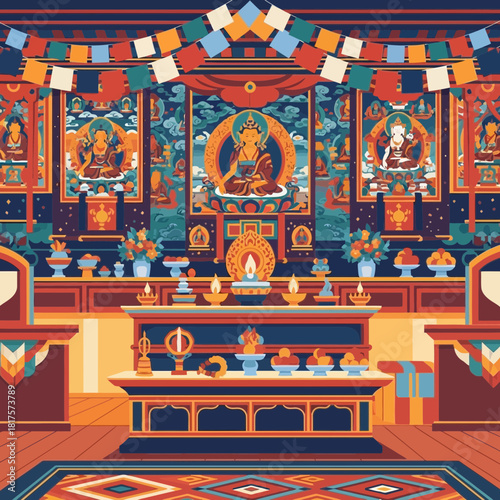 Intricately Designed Tibetan Buddhist Altar with Offerings and Banners