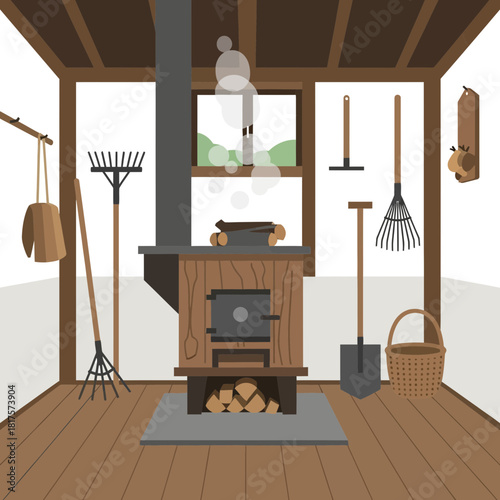 Rustic wood shed interior with wood-burning stove and garden tools vector