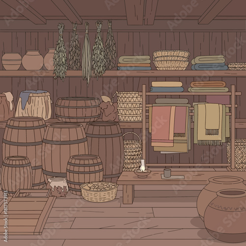 Rustic Storage Room with Wooden Shelves, Baskets, and Traditional Pottery