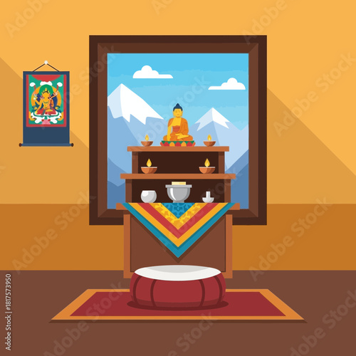 Serene Buddhist Altar Illustration with Mountain View and Spiritual Symbols
