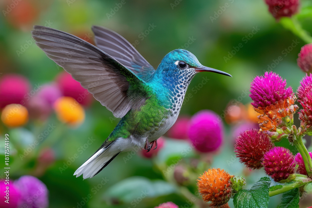 Fototapeta premium Colorful Hummingbird Hovering Near Vibrant Flowers