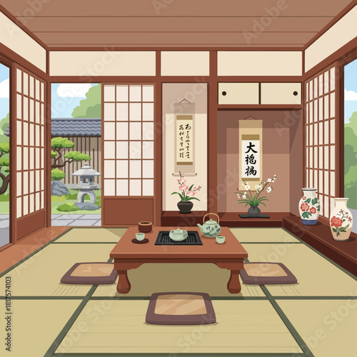 Traditional Japanese room with tatami mats, shoji screens, and serene garden view