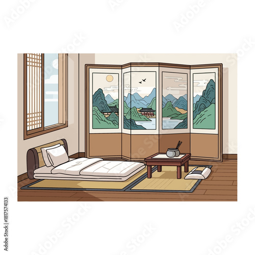 Traditional Korean home interior design with folding screen illustration