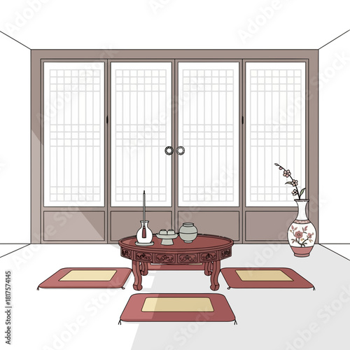 Traditional Korean interior with table, cushions, and decorative items