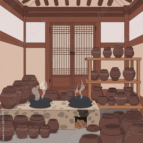 Traditional korean kitchen interior with fermentation crocks and stove scenery