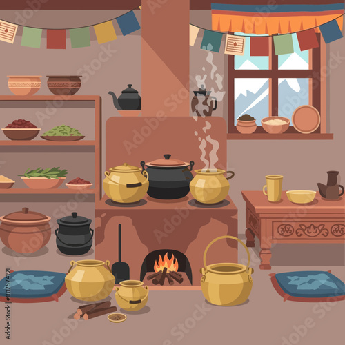 Traditional Mountain Home Interior with Cooking Pots and Mountain View