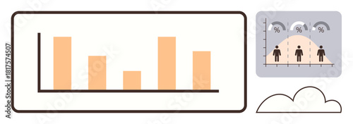 Bar chart, statistics graph with people and metrics, and abstract cloud element. Ideal for data analysis, business, forecasting, trends, research presentation strategy. Simple flat metaphor