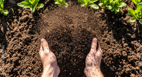 Farmer's hands gently releasing soil over newly planted seedlings.