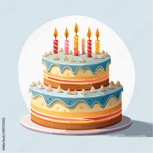 An illustration of a two-tier birthday cake, decorated with blue frosting and six lit candles, symbolizing joy, wishes, and the sweet spirit of festive celebrations and events