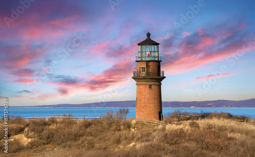 Aquinnah Lighthouse at Sunset at Martha's Vineyard in New England