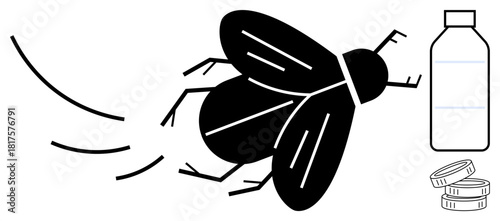 Fly flying near a plastic bottle and caps, highlighting themes thumbs up recycling, pollution, waste management, environmental impact, sustainability, insect ecology, and simple flat metaphor