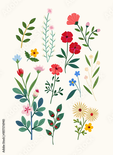 Gouache Painted Botanical Elements for Spring and Summer Designs