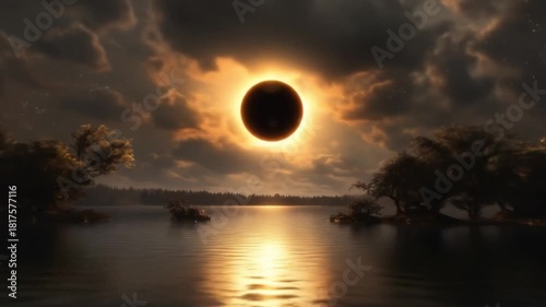 Scenic Lake View During a Solar Eclipse with Mystical Sky and Reflected Light