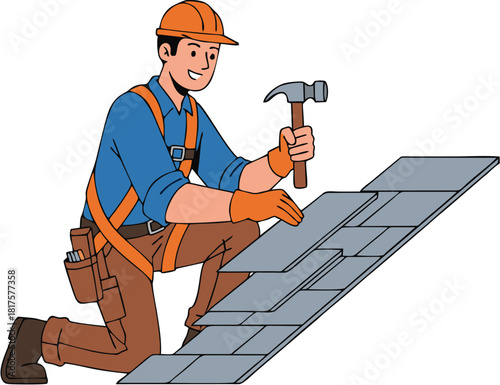 Skilled roofer installing asphalt shingles on a residential roof, securing durable and weather-resistant coverage with a hammer, ensuring quality craftsmanship and safety