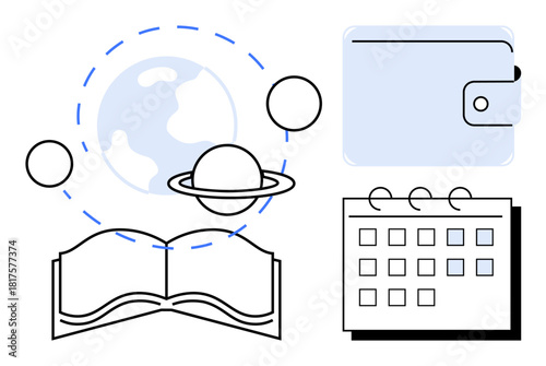 Open book with orbiting planets, earth for global knowledge, wallet for finance, calendar for planning. Ideal for learning, education, exploration, finance, world studies scheduling organization