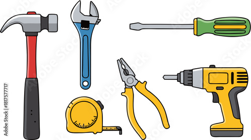 Versatile set of handyman equipment, including power tools and manual implements, perfect for building, fixing, and maintaining household items and structures, vector illustration