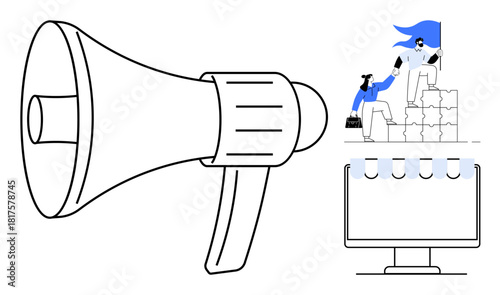 Megaphone, desktop screen, and team helping climb cubes emphasize teamwork, leadership, motivation, communication. Ideal for collaboration, support, leadership technology empowerment motivation