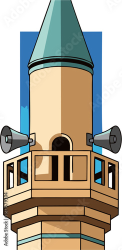 Illustration of a minaret, a tower used in mosques for the call to prayer, with loudspeakers on each side