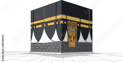 Stylized 3D rendering of the sacred Kaaba, an iconic symbol of Islamic faith and pilgrimage, depicted with its characteristic black and gold covering against a clean background