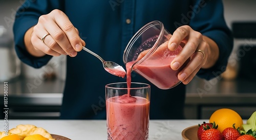 Fototapeta Naklejka Na Ścianę i Meble -  Invigorating berry smoothie preparation, a harmonious fusion of fresh fruits and healthy living in a kitchen environment