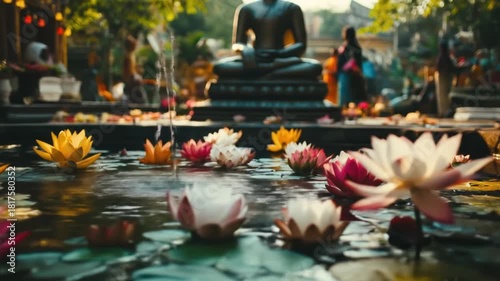 Serene Buddha Statue and Lotus Flowers in Tranquil Pond Setting Footage