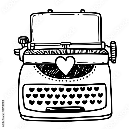 Typewriter vector illustration in doodle sketch style hand drawn outline in black and white. Cute vintage machine for valentine day card. Perfect for romantic design. Ideal for writer theme.