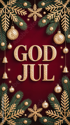 Swedish text God Jul on elegant red julkort, swedish christmas card, with gold ornaments, classic Scandinavian holiday design
