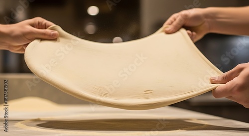 Fototapeta Naklejka Na Ścianę i Meble -  Hand stretching dough, artisan pizza creation in a rustic environment