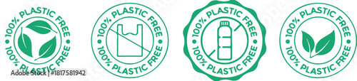 100% Plastic Free Stamp Set Eco Friendly Product Packaging Label Icons on White Background