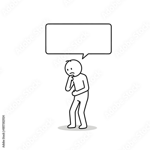 Stickman character shyly thinking with hands together. Simple expression vector.