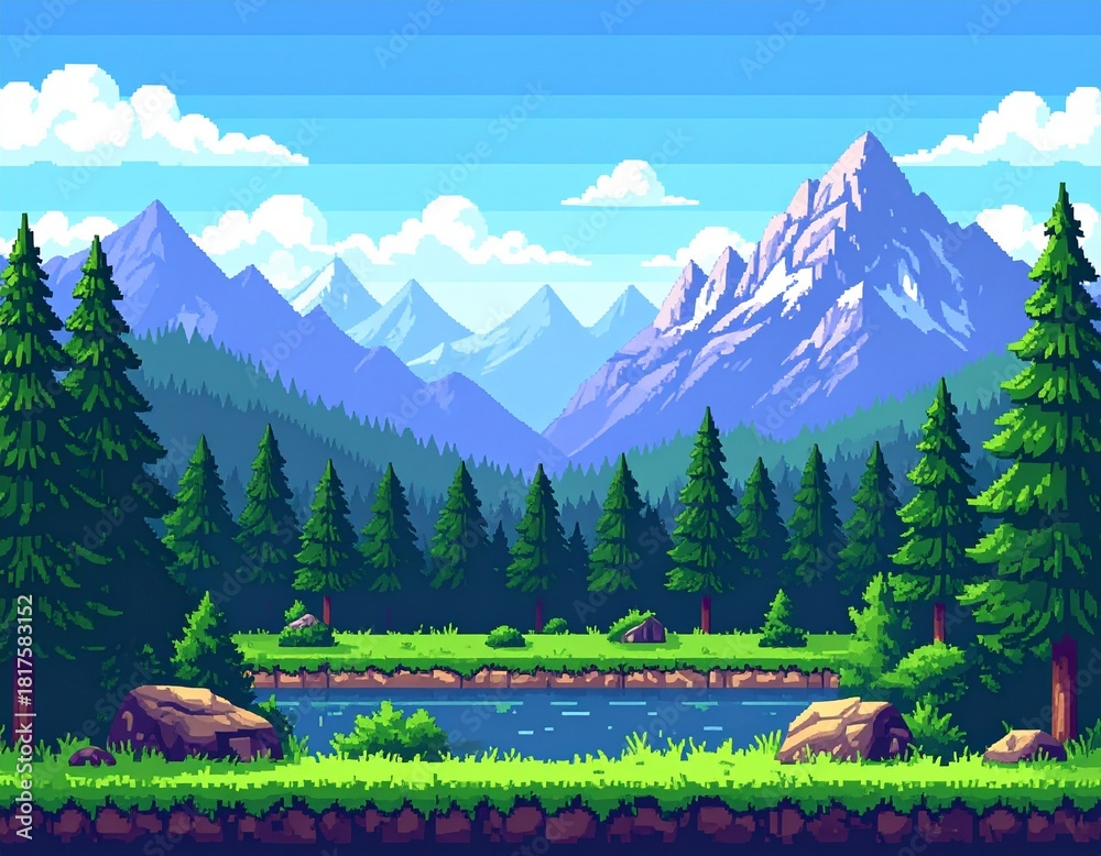 Fototapeta premium Pixel background with mountains and forest for games and mobile applications.
