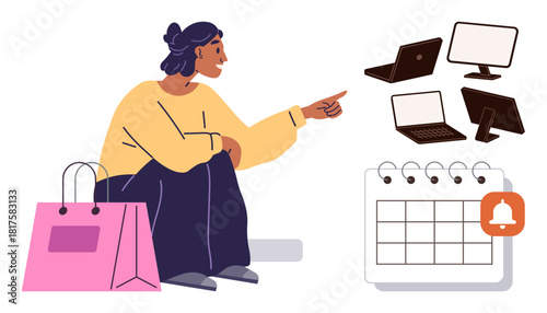 Woman pointing at electronic devices including laptops and monitors. Beside her are a shopping bag and a calendar with a reminder. Ideal for shopping, e-commerce, planning, technology, scheduling