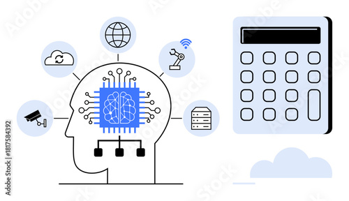 Human profile with AI chip linked to cloud, globe, robot arm, server, CCTV, and wireless surrounding a calculator. Ideal for AI, automation data technology IoT machine learning innovation. A