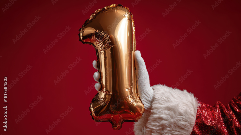 Naklejka premium Santa claus hand holding a golden number 1 balloon for the twelve days of christmas