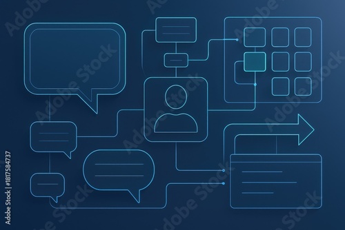 Complex communication architecture with interconnected speech bubbles and user interface elements illustrating the flow of information and digital interaction dynamics in modern social networks