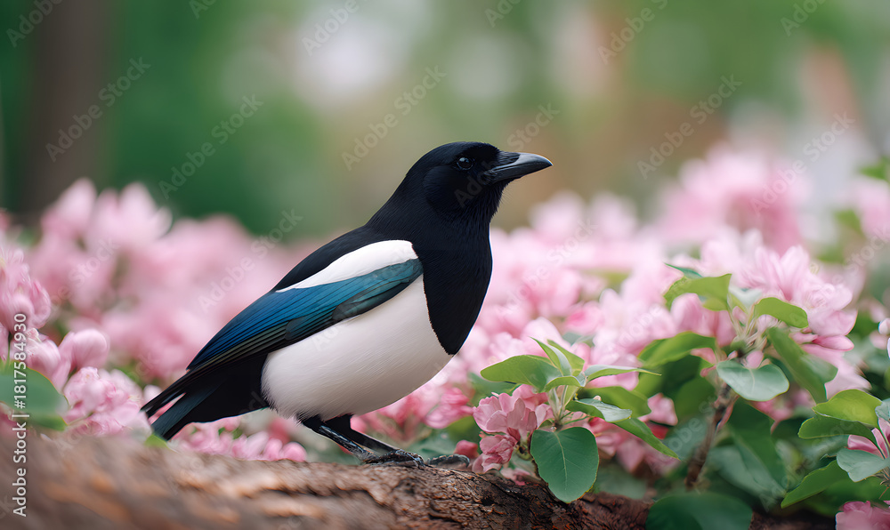 Obraz premium Close_up shot a magpie perched on a tree, generation AI 