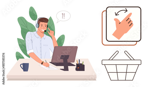Male with headset working at desk, speech bubble, swipe gesture icon, shopping basket sketch. Ideal for customer service, communication, multitasking, e-commerce, digital interaction retail support