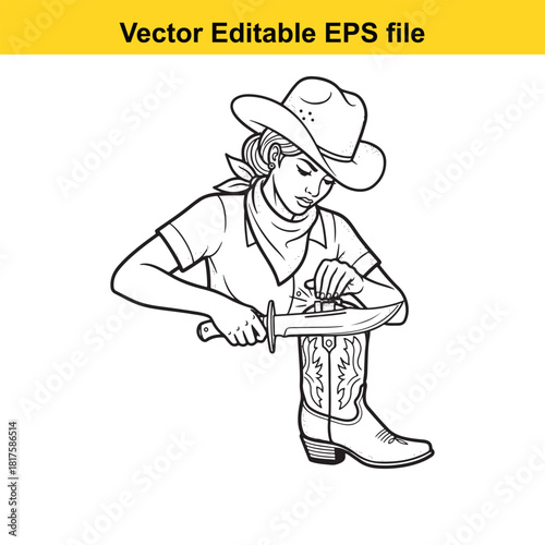Cowgirl sharpening her knife, western style, vector illustration, isolated on