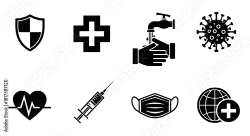 Collection of Medical and Health Related Icons for Prevention and Safety.