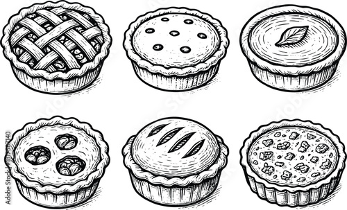 Hand-drawn mini pie and tart illustration set featuring lattice pies, fruit pies, creamy tarts and assorted bakery dessert designs