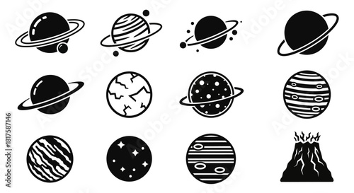 Collection of Planet Icons with Rings and Surface Details.