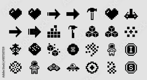 Collection of Retro Pixel Art Icons for Games and Design.