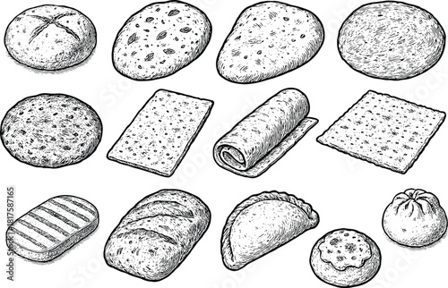 Hand-drawn assorted bread and bakery items illustration set in vintage sketch style.