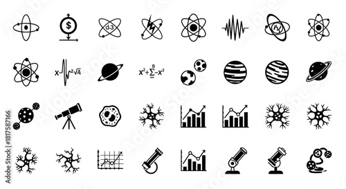 Collection of Science and Technology Icons - Atoms, Planets, Graphs, and Instruments.