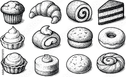 Hand drawn vintage bakery dessert set featuring muffins, croissant, rolls, donuts, cakes and assorted sweet pastries