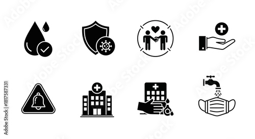 Set of Black and White Icons Related to Health and Safety.