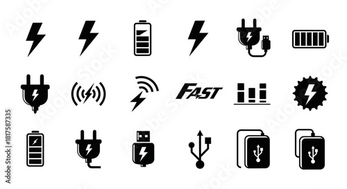 Set of Black Charging and Battery Icons on White Background.