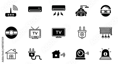 Smart Home Devices and Automation Icons Set in Black and White.