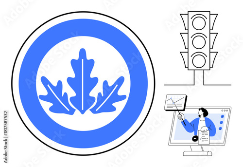 Sustainability symbol. Sustainability ed with nature icon, a traffic light indicating order and safety, and online data visualization effective communication. For eco-awareness, urban management